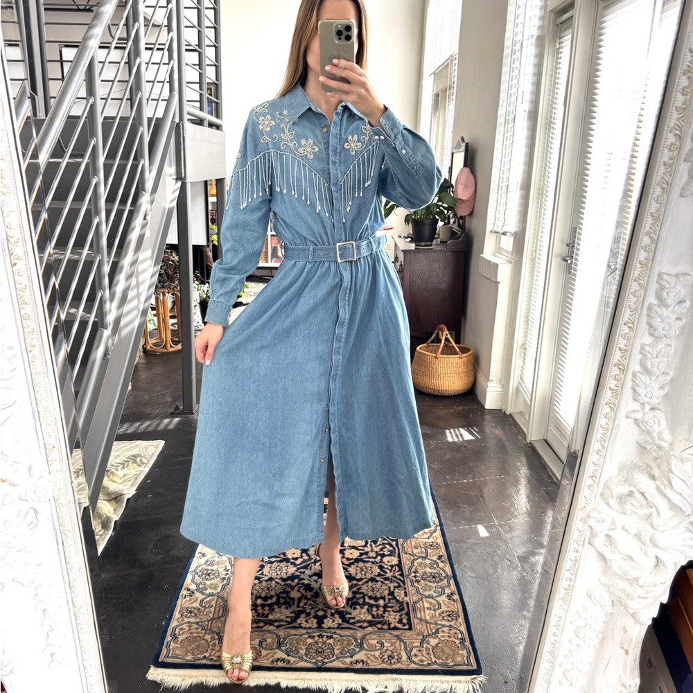 Vintage Pearl Denim Maxi Dress